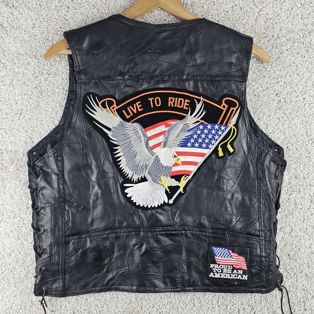 Diamond Plate Buffalo  Leather Vest Embroidered Live To Ride Flag Size L